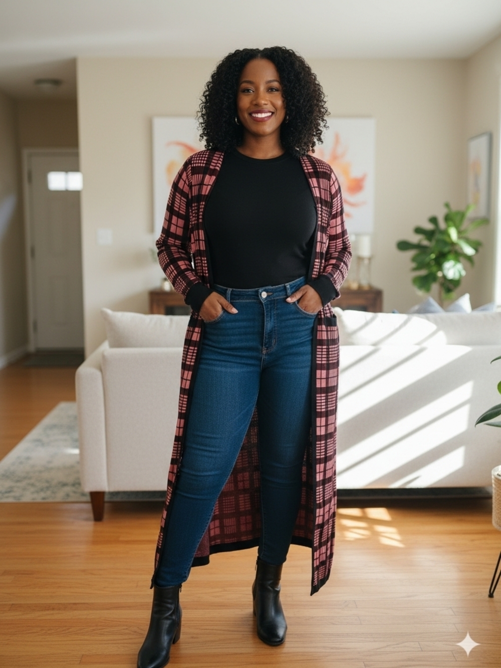 💕Curvy Girl Pink & Black Plaid Duster